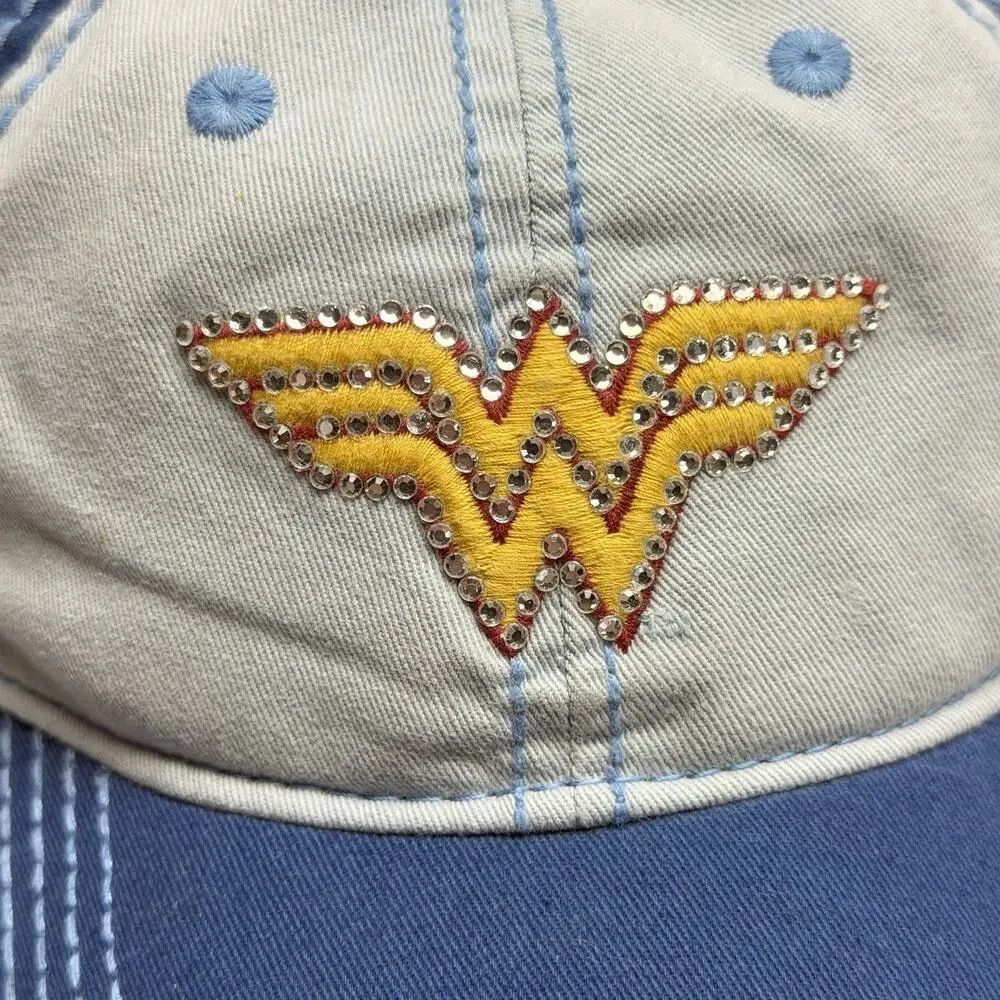 Wonder Woman Hat DC Comics Blue Rhinestone Logo Baseball Cap Adjustable Adult